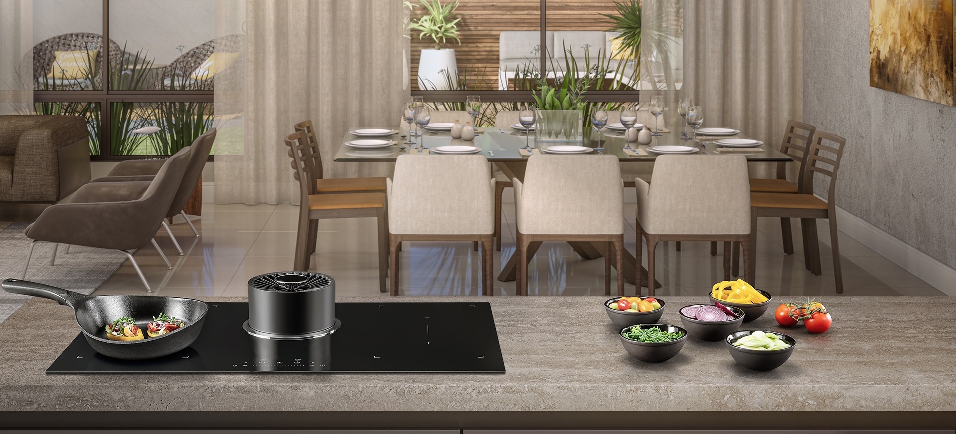 Cooktop a indução com coifa retrátil integrada TECNO THVI90DH.